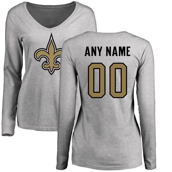 Women New Orleans Saints NFL Pro Line Ash Custom Name and Number Logo Slim Fit Long Sleeve T-Shirt